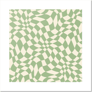 Green and Cream Distorted Warped Checkerboard Pattern II Posters and Art